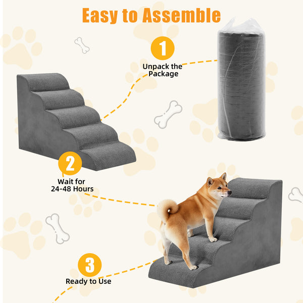 SHOUFTW Round Edge Pet Stairs Ramp, High-Density Foam Dog Cat Steps, Non-Slip Indoor Ladder for Couch, High Beds, Car, Gray