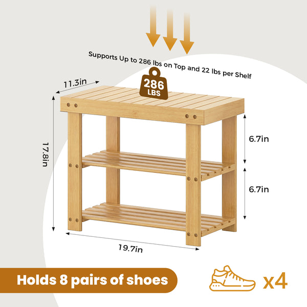 CONCETTA Bamboo Shoe Rack & Bench, 3-Tier 280 lb Capacity Storage Organizer for Entryway, Living Room, Balcony