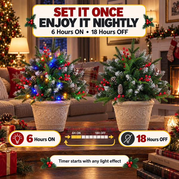 SHOUFTW Pre-Lit Frosted Artificial Christmas Urn Filler, Small Xmas Tree with 50 Warm Lights, Pine Cones & Red Berries for Indoor Outdoor Holiday Decor