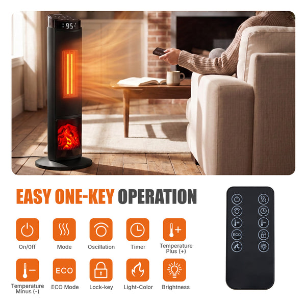 SHOUFTW 1500W Space Heater, 23" Electric Heater with Remote and Thermostat, 12H Timer, 4 Modes & 70°Oscillation, Overheat & Tip-Over Protection for Indoor