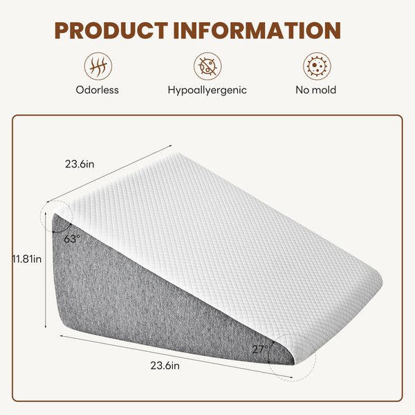 Wedge Pillow for Sleeping, Memory Foam Body Pillow for Acid Reflux, Neck & Back Pain Relief, Post-Surgery Recovery & Snoring Reduction, 12Inch