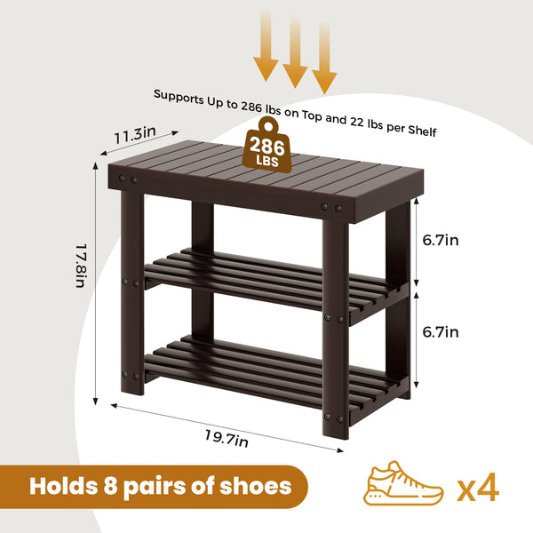 CONCETTA Bamboo Shoe Rack & Bench, 3-Tier 280 lb Capacity Storage Organizer for Entryway, Living Room, Balcony