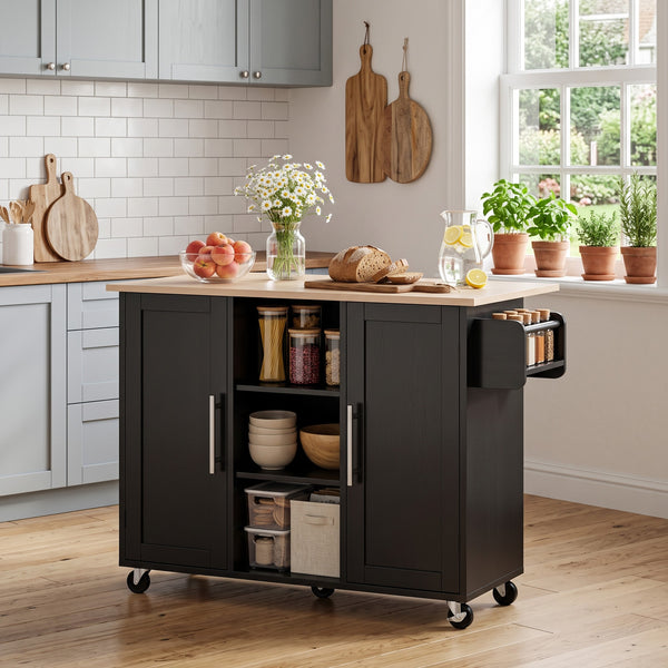 CONCETTA Wooden Kitchen Island Cart, Rolling Storage Cabinet with Racks, Open Shelves and Drawer