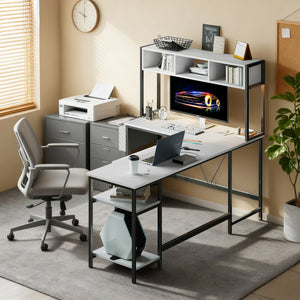 67" Reversible L-Shaped Desk with LED Lights, Power Outlets, Drawer, Keyboard Tray & Hutch