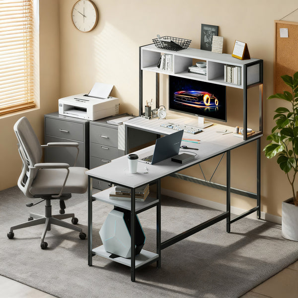67" Reversible L-Shaped Desk with LED Lights, Power Outlets, Drawer, Keyboard Tray & Hutch