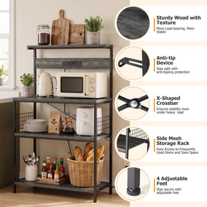 SHOUFTW Kitchen Storage Rack with Power Outlet, 4-Tier Backer's Rack for Microwave Stand & Coffee Bar Storage