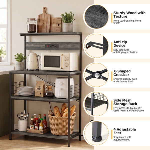 SHOUFTW Kitchen Storage Rack with Power Outlet, 4-Tier Backer's Rack for Microwave Stand & Coffee Bar Storage