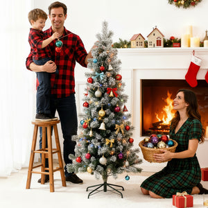 MCQ Flocked Pencil Christmas Tree - Festive Pre-Lit Artificial Decor with Durable Metal Base and lighted