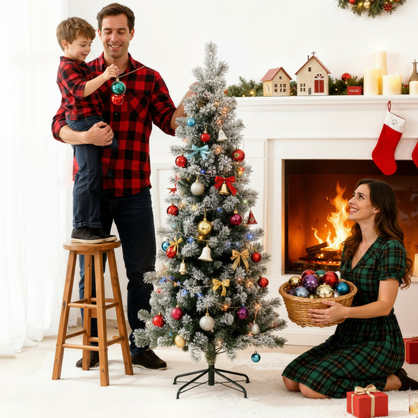 MCQ Flocked Pencil Christmas Tree - Festive Pre-Lit Artificial Decor with Durable Metal Base and lighted
