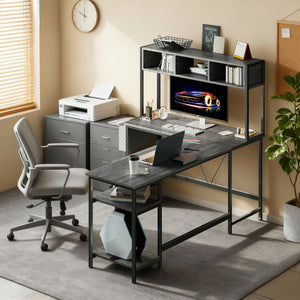 67" Reversible L-Shaped Desk with LED Lights, Power Outlets, Drawer, Keyboard Tray & Hutch
