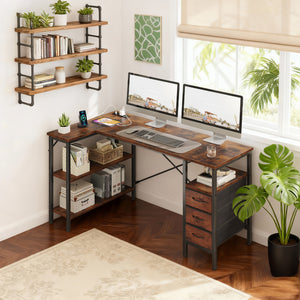 47"L Shaped Computer Desk with 3 Drawers, Power Outlets, USB Ports, and Monitor Stand, Corner Gaming Desk for Home Office