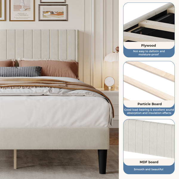 CONCETTA Full Size Bed Frame with Wingback PU Upholstered Headboard and Wooden Slats Support, No Box Spring Needed, Easy Assembly, Black