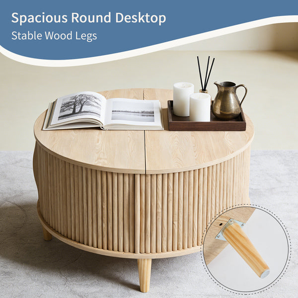 CONCETTA Round Flip-Top Coffee Table with Storage, Modern Farmhouse Style Center Table for Living Room, Natural Wood, Brown