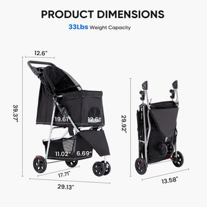 CONCETTA 3-Wheel Foldable and Waterproof Pet Stroller - Jogger Stroller for Small and Medium Dogs and Cats with Cup Holder and Removable Liner