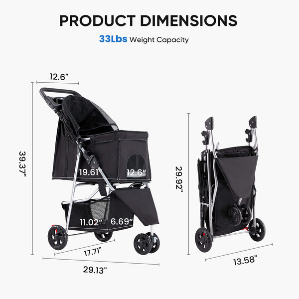 CONCETTA 3-Wheel Foldable and Waterproof Pet Stroller - Jogger Stroller for Small and Medium Dogs and Cats with Cup Holder and Removable Liner