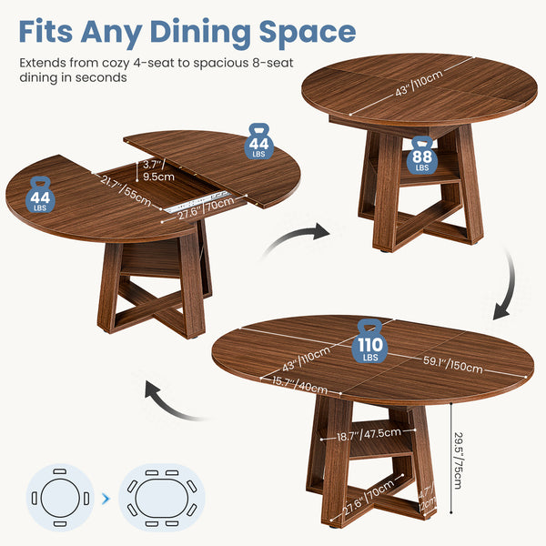 CONCETTA Extendable Dining Table for 4-8, Space-Saving with Storage Shelf, Adjustable Oval Design for Kitchen and Living Room