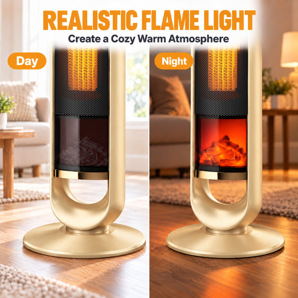 SHOUFTW 1500W Tower Space Heater for Indoor Use, Electric Heater with Static Simulated Flame, 45° Oscillation, Child Lock, Overheat & Tip-Over Safety