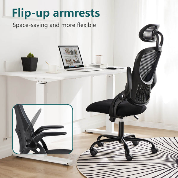 CONCETTA Ergonomic office chair - high back with wheels, adjustable headrest and flip-up armrests for bedroom, study, living room, office