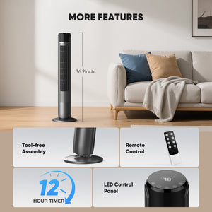 CONCETTA Quiet 36" Tower Fan with Remote, 5 Speeds, 4 Wind Modes, Auto Temp Control, 12H Timer & Wide Oscillation – Ideal for Bedroom or Living Room