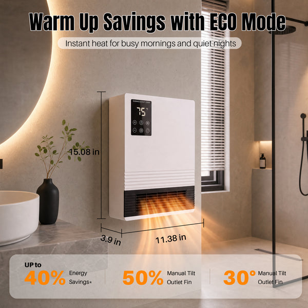 CONCETTA 1500W Wall‑Mount Electric Heater for Indoor Use,15‑Hour Timer, 2 Heat Settings, Touchscreen & Remote ControlOverheat Protection & Child Lock, White