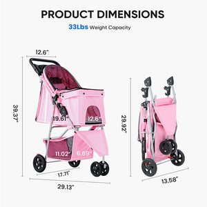 CONCETTA 3-Wheel Foldable and Waterproof Pet Stroller - Jogger Stroller for Small and Medium Dogs and Cats with Cup Holder and Removable Liner