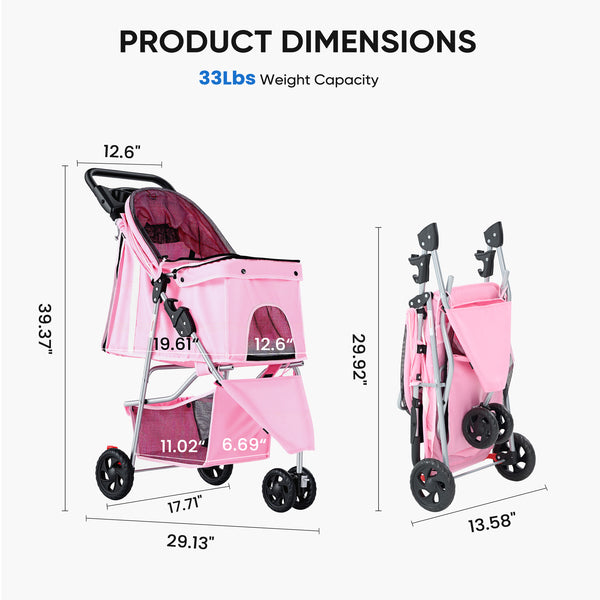 CONCETTA 3-Wheel Foldable and Waterproof Pet Stroller - Jogger Stroller for Small and Medium Dogs and Cats with Cup Holder and Removable Liner