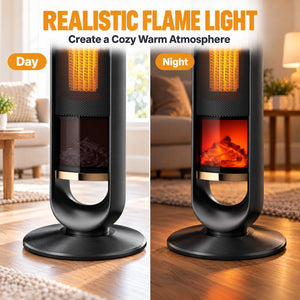 SHOUFTW 1500W Tower Space Heater for Indoor Use, Electric Heater with Static Simulated Flame, 45° Oscillation, Child Lock, Overheat & Tip-Over Safety