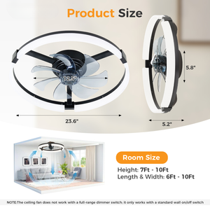 SHOUFTW Ceiling Fan, Caged Ceiling Fans with Lights, Farmhouse Low Profile Fandelier with Remote, Flush Mount for Bedroom, Living Room, Kitchen, 6 Wind Speeds