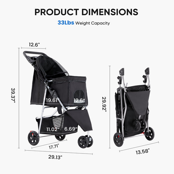 CONCETTA 3-Wheel Foldable and Waterproof Pet Stroller - Jogger Stroller for Small and Medium Dogs and Cats with Cup Holder and Removable Liner