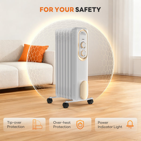1500W Oil Filled Radiator Heater, Portable Electric Space Heater with Thermostat, Quiet & Safe