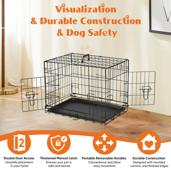 JOINSUN Dog Crate-24/30/36/42/48 inch, Double Door Dog Cage with Divider Panel and Plastic Leak-Proof Pan Tray, foldable, easy to carry, suitable for indoor, outdoor, travel use