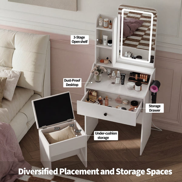 CONCETTA Vanity Desk with Mirror and Lights, Makeup Vanity Table with Hair Dryer & Power Outlet, Dressing Table for Bedroom