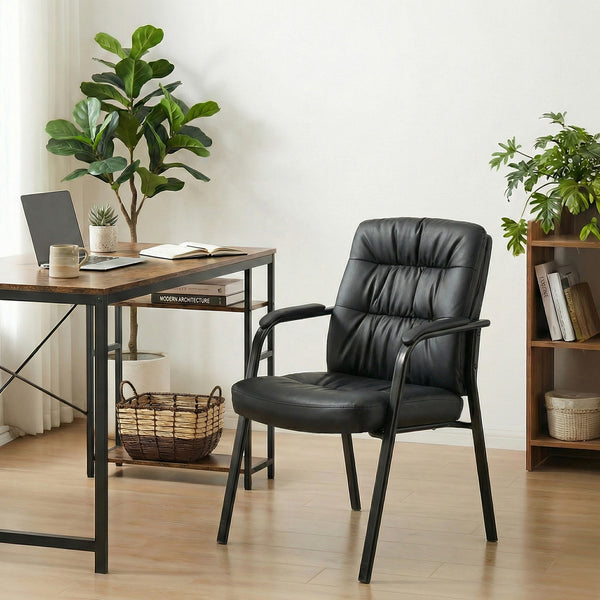 CONCETTA Big and Tall Guest Chair, Tufted Leather Heavy Duty Reception Chair with Padded Arms, for Office, Home, and Bedroom, Black, Brown