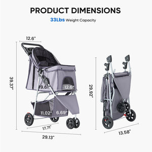 CONCETTA 3-Wheel Foldable and Waterproof Pet Stroller - Jogger Stroller for Small and Medium Dogs and Cats with Cup Holder and Removable Liner