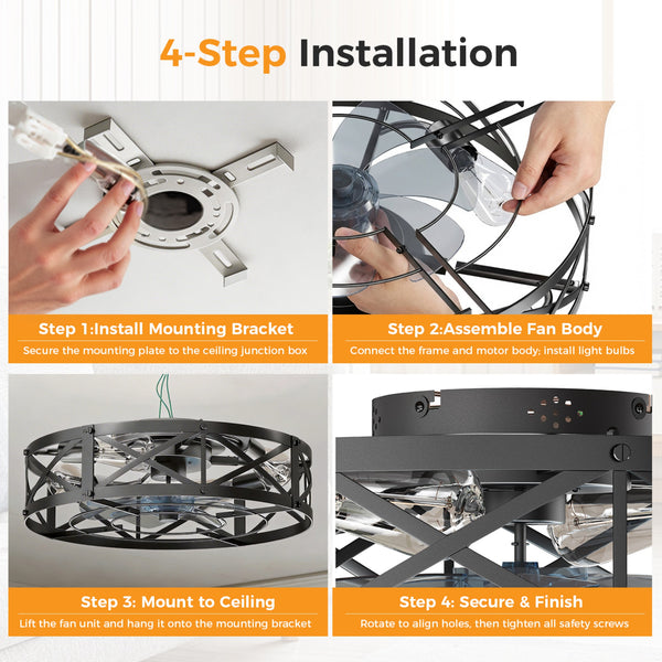 SHOUFTW Bladeless Farmhouse Flush Mount Ceiling Fan with Lights, Remote Control Rustic Low Profile Caged Quiet Fandelier for Bedroom Kitchen