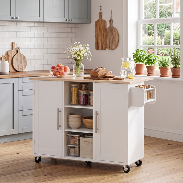 CONCETTA Wooden Kitchen Island Cart, Rolling Storage Cabinet with Racks, Open Shelves and Drawer