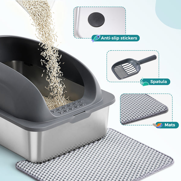 24in Stainless Steel Cat Litter Box with Lid, Large Cat Litter Box for Cats, High Wall Sides, Anti-Urine Leakage, Easy Cleaning, Scoop and Mat Included