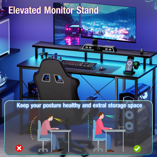 CONCETTA 48" Computer Gaming Desk with LED Light, Power Outlet, Monitor Stand, Headphone Hook
