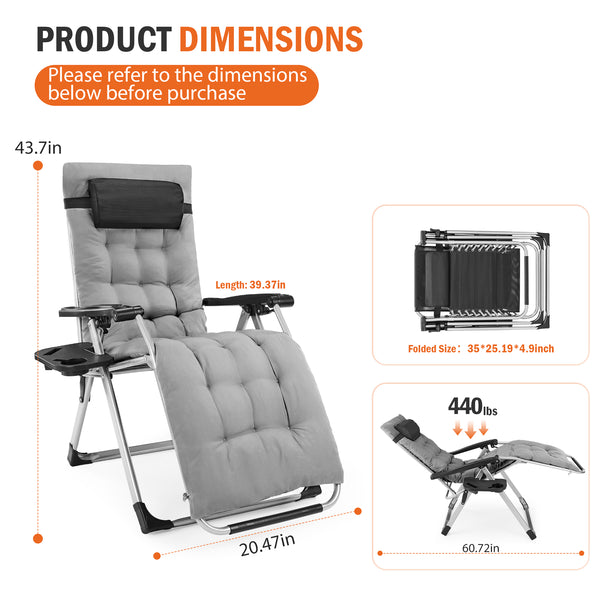 SHOUFTW Padded Zero Gravity Lounge Chair with Detachable Cushion & Side Tray, Folding Reclining Patio Chair, Outdoor Lawn Lounger