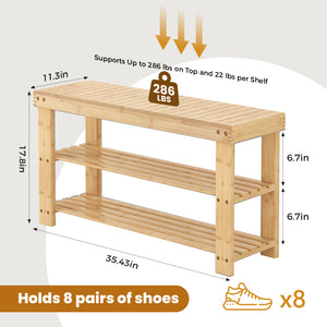 CONCETTA Bamboo Shoe Rack & Bench, 3-Tier 280 lb Capacity Storage Organizer for Entryway, Living Room, Balcony
