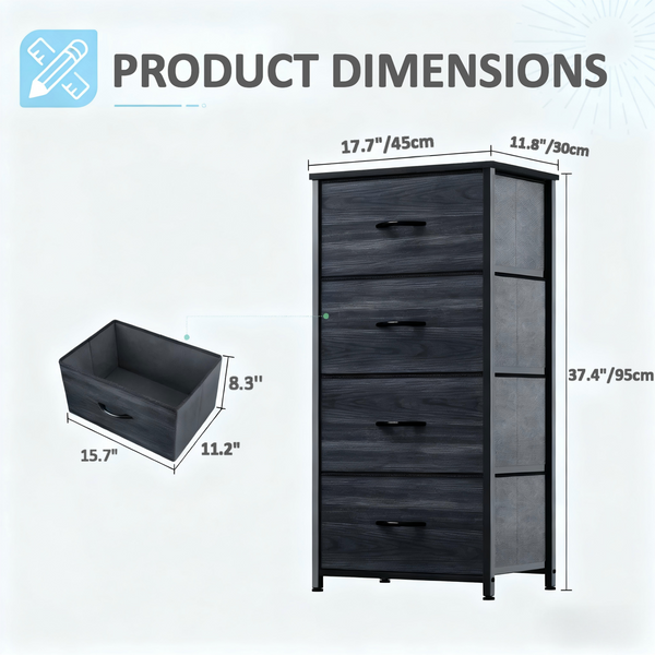 CONCETTA 4 Drawer Dresser, Wide Chest Drawers Nightstand Storage Tower Storage Fabric Dresser With Wood Top for Living Room, Bedroom, Closet