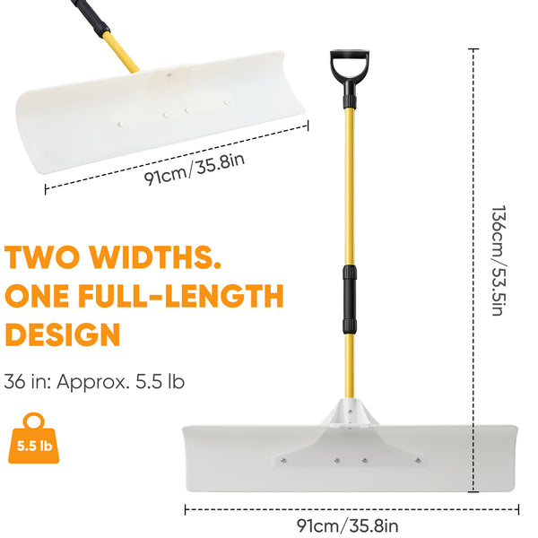 CONCETTA 30"/36" Snow Pusher, Wide Snow Plow Shovel with Non-Stick Poly Blade, Reinforced Metal Handle, Heavy-Duty Winter Removal Tool for Driveways & Sidewalks, White