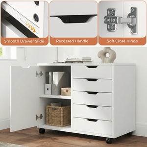 CONCETTA 5-Drawer Wood Storage Cabinet for Office & Home, Mobile Lateral Filing Cabinet, Printer Stand Cabinet with Adjustable Shelf, Wheels with Breaker