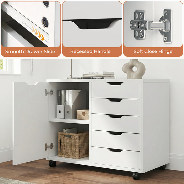 CONCETTA 5-Drawer Wood Storage Cabinet for Office & Home, Mobile Lateral Filing Cabinet, Printer Stand Cabinet with Adjustable Shelf, Wheels with Breaker