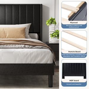 CONCETTA Full Size Bed Frame with Wingback PU Upholstered Headboard and Wooden Slats Support, No Box Spring Needed, Easy Assembly, Black