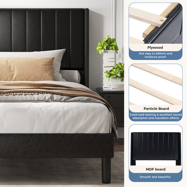 CONCETTA Full Size Bed Frame with Wingback PU Upholstered Headboard and Wooden Slats Support, No Box Spring Needed, Easy Assembly, Black