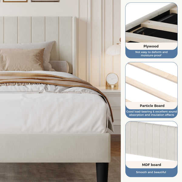 CONCETTA Full Size Bed Frame with Wingback PU Upholstered Headboard and Wooden Slats Support, No Box Spring Needed, Easy Assembly, Black