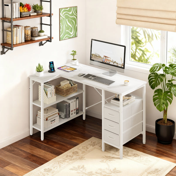 47"L Shaped Computer Desk with 3 Drawers, Power Outlets, USB Ports, and Monitor Stand, Corner Gaming Desk for Home Office