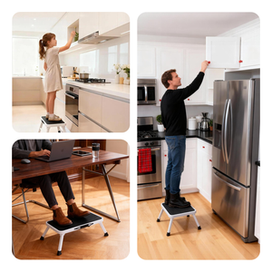 Foldable car wash stool with carrying handle and non-slip platform, single-step rubber foot ladder, supports up to 330 lbs, sturdy metal folding stool, suitable for RVs, trucks, home kitchen
