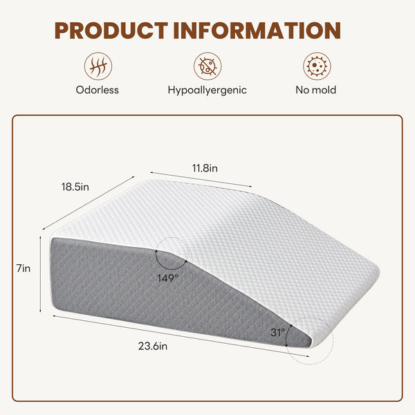 Wedge Pillow for Sleeping, Memory Foam Body Pillow for Acid Reflux, Neck & Back Pain Relief, Post-Surgery Recovery & Snoring Reduction, 7Inch